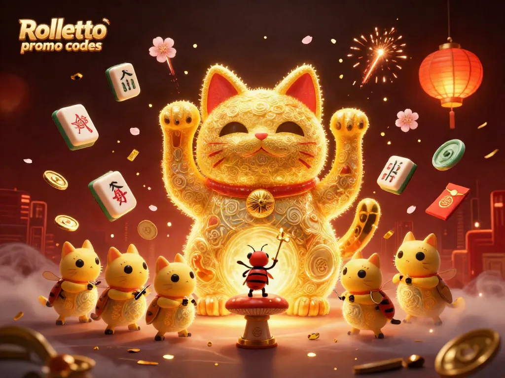 Experience the magic of Rolletto promo codes with a vibrant 3D scene featuring a waving lucky cat and casino symbols.