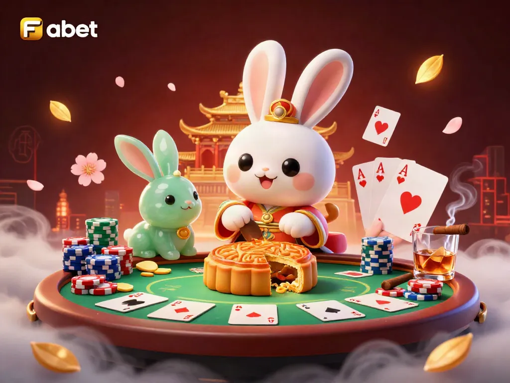 Experience Fabet's vibrant casino atmosphere with a lunar-themed 3D cartoon illustration featuring playful characters and poker elements.