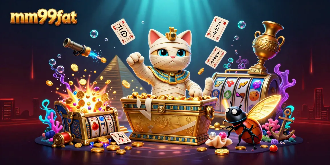 Engage with the thrilling mm99fat experience featuring a vibrant casino scene with a mummy cat, gold treasure, and gaming elements.