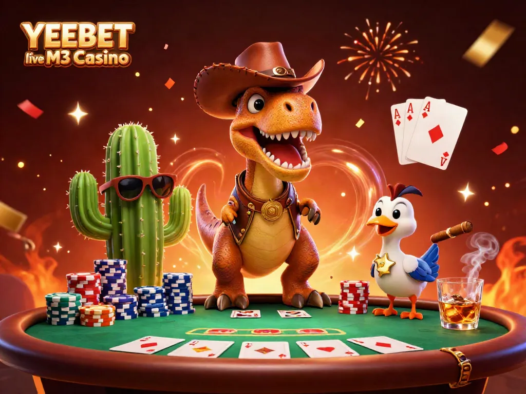 Experience YEEBET live M3 Casino with a vibrant 3D scene of characters celebrating around gaming elements.