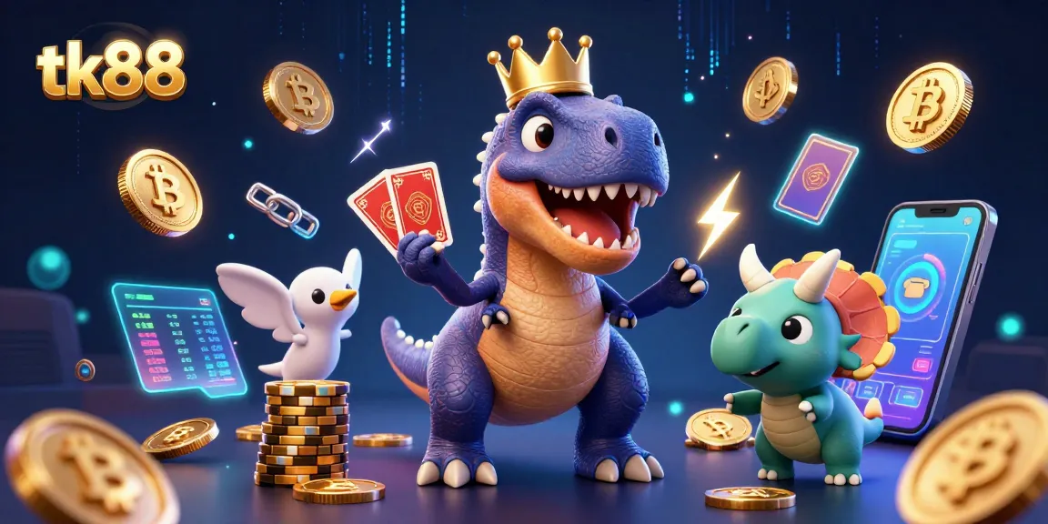 Engage in exciting gameplay at tk88 with an entertaining 3D scene featuring a card-shuffling T-Rex.