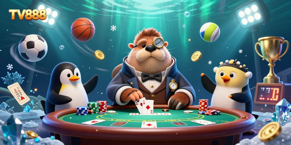 Experience thrilling poker action with TV888 featuring unique underwater characters and vibrant casino elements.