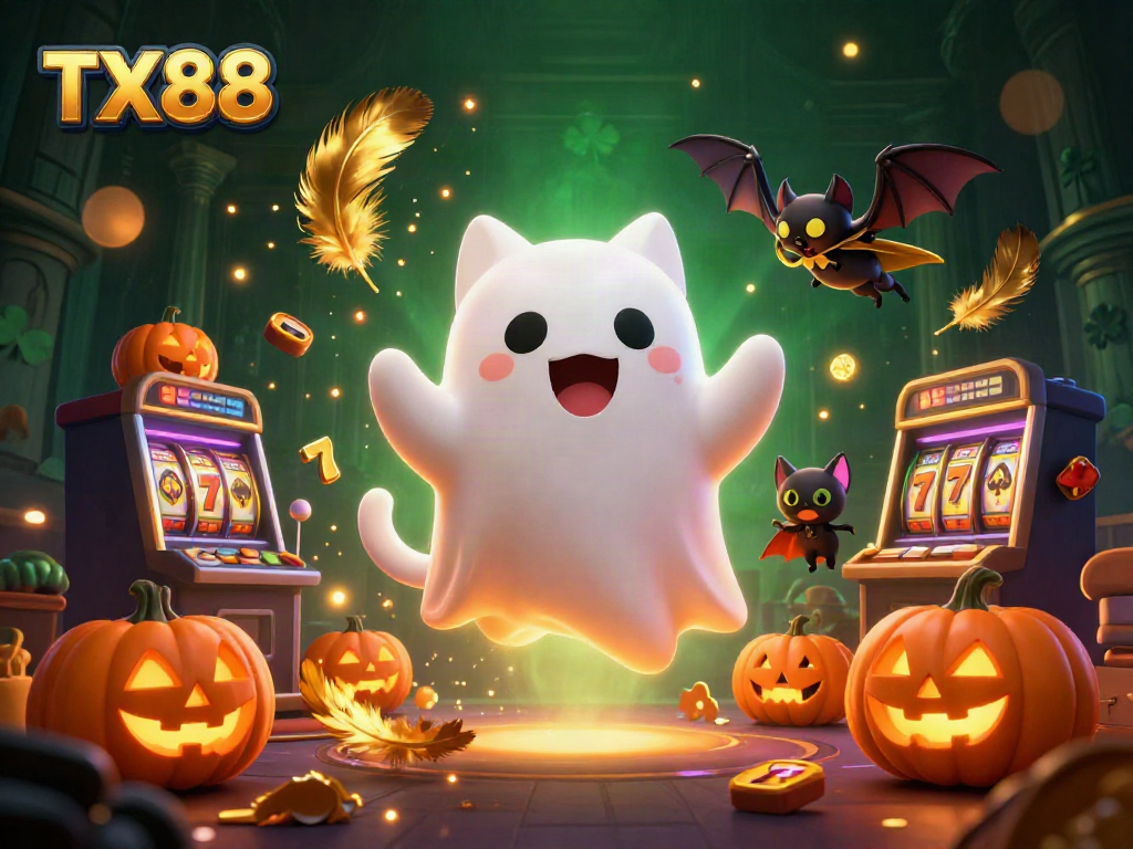 Engage with TX88 gameplay featuring a ghost cat, bat, and pumpkin characters in a dynamic casino setting.