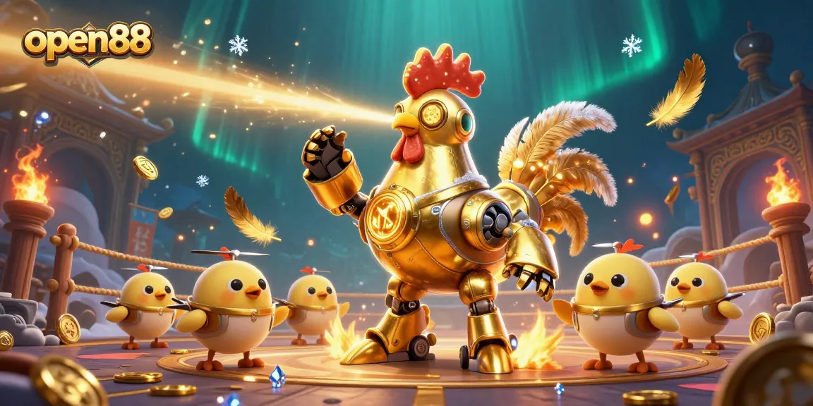 Experience thrilling gaming adventures at open88 with a dynamic scene of a golden rooster robot and baby chick drones!