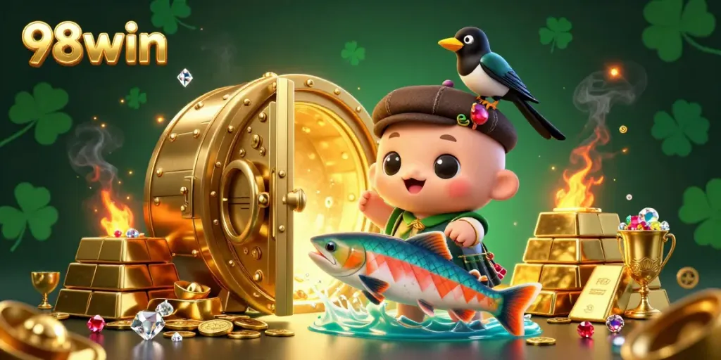 Engage with 98win's thrilling 3D cartoon scene featuring Nessie and treasures, showcasing immersive casino themes.