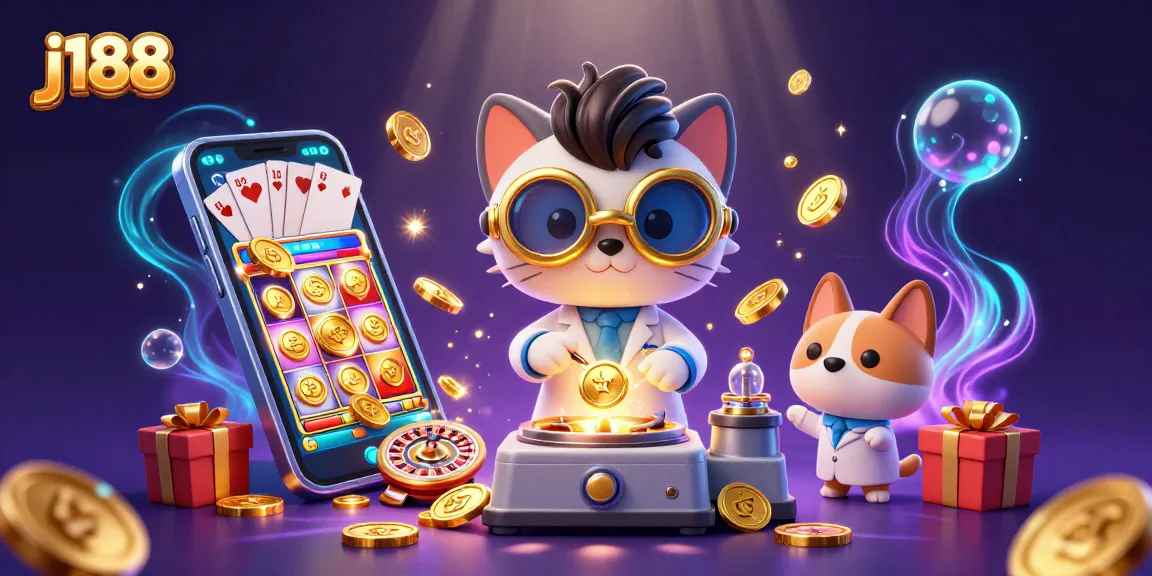 Join the j188 adventure with golden coins and slot games in a dynamic casino scene.