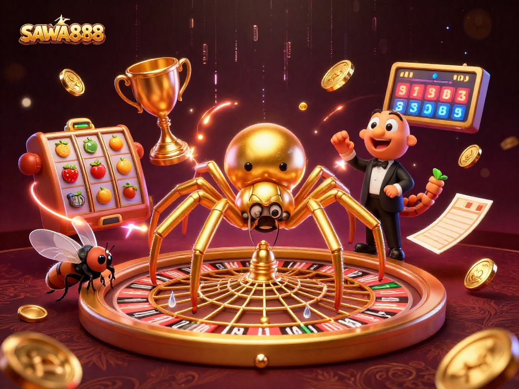 Bet on SAWA888's exciting games with a lively illustration of a golden spider and centipede dealer.