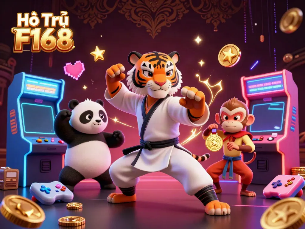 Engage with vibrant gaming excitement in this ultra-detailed 3D illustration of Hỗ Trợ F168, showcasing vibrant characters and game elements.