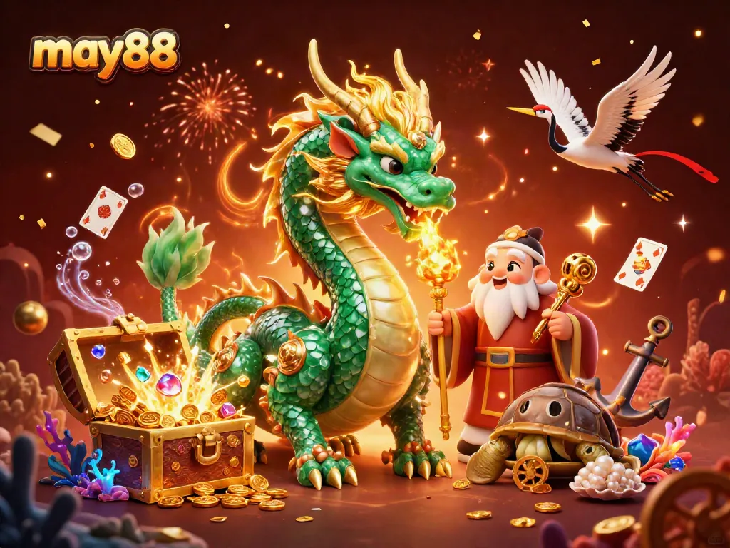 Experience the thrilling world of may88 with a majestic jade dragon, a wise turtle sage, and lucky cranes in a vibrant casino scene.