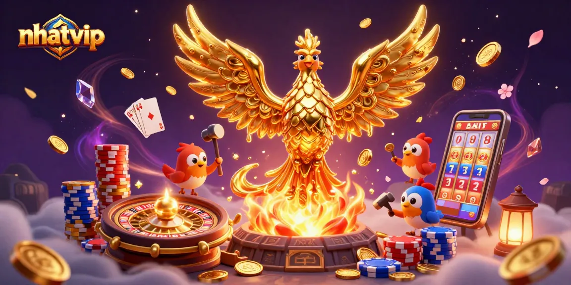 Nhatvip casino experience showcases a molten golden phoenix with coins, roulette wheel, and vibrant poker chips.