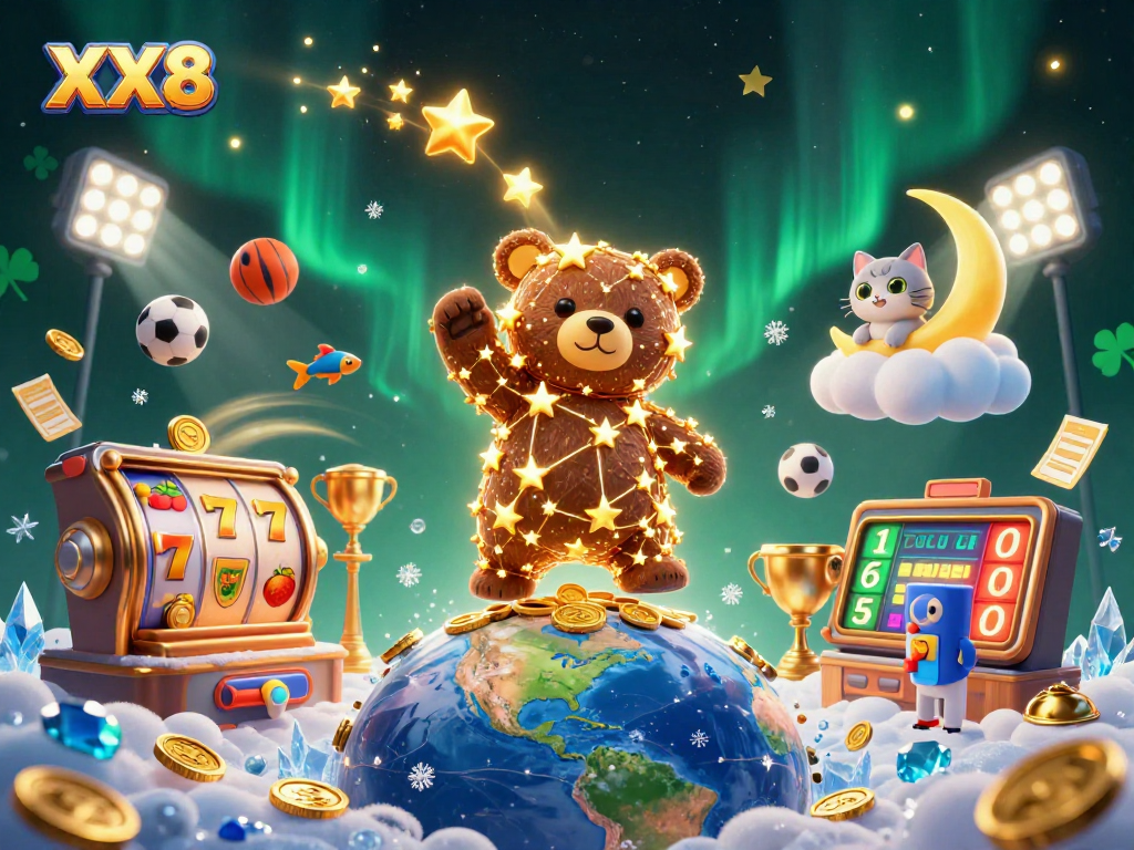 Engage in thrilling slots at XX8 featuring a vibrant scene with a constellation bear and sports elements.