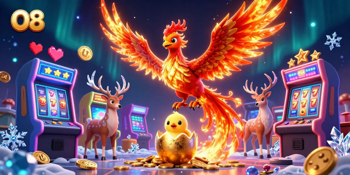 Engage with O8-themed casino gaming featuring a phoenix and vibrant slot reels.