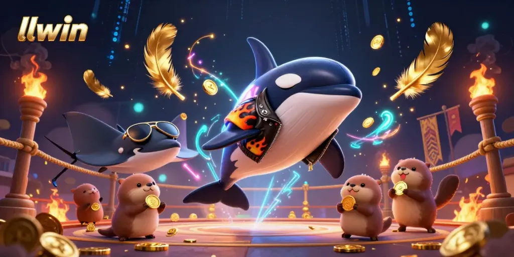 Engage with LLWIN's exciting gambling scene featuring cartoon orca, stingray, and otters with golden coins.