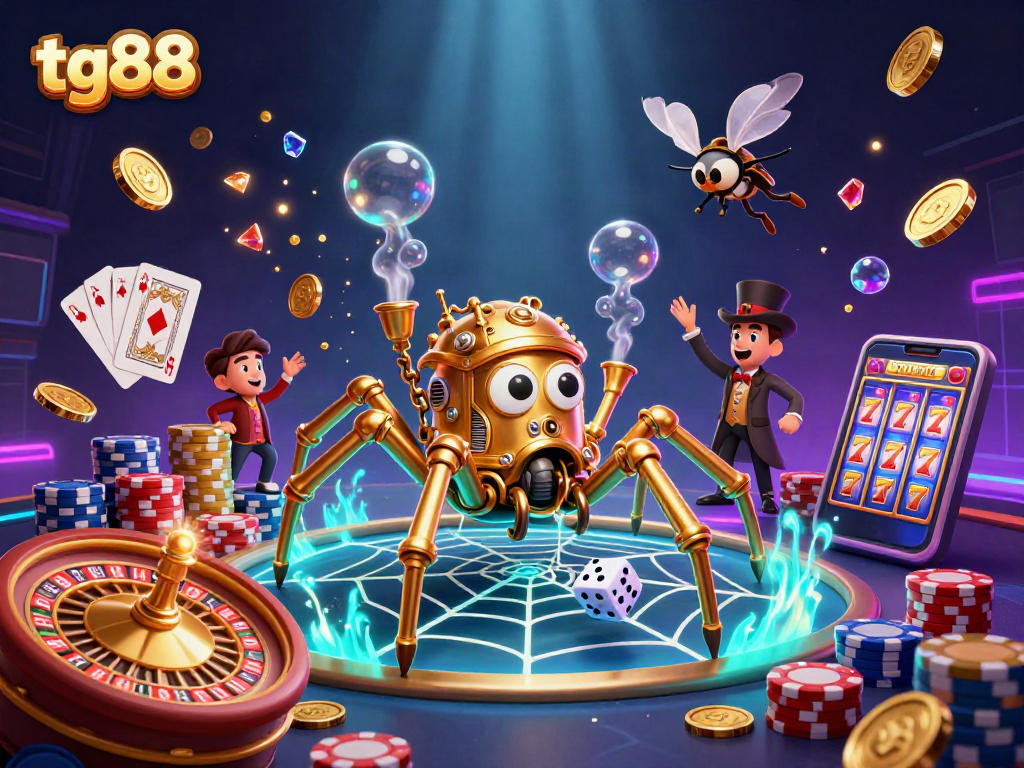 Experience tg88 thrills with a whimsical steampunk scene capturing gold coins and chance in a lively casino