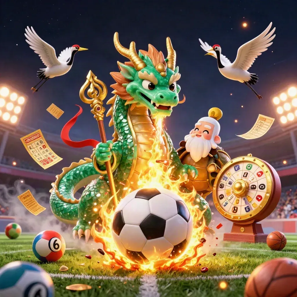 Emerald dragon and sage turtle amid exploding football turf, casino lights, and floating game props.