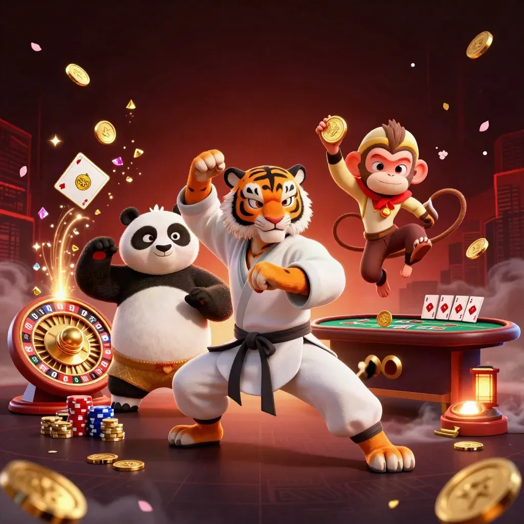 Kung-fu tiger, panda, and monkey amid casino magic, coins, cards, and glowing roulette wheel.
