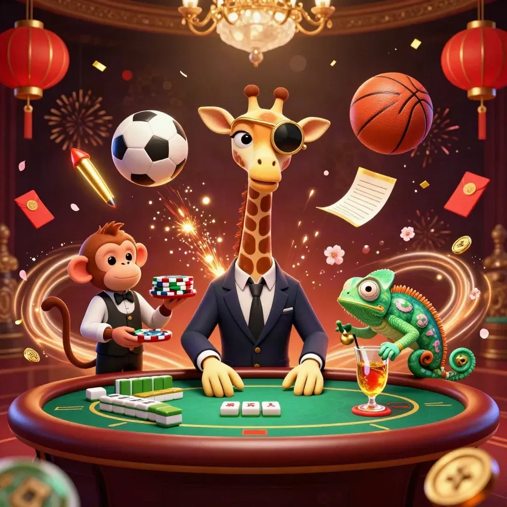Luxury casino giraffe, monkey, and chameleon with sports balls, mahjong tiles, and gold effects.