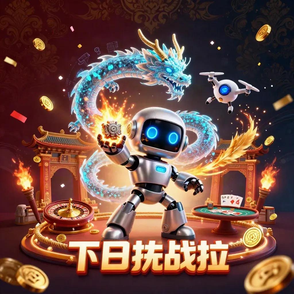 Chrome robot, holographic dragon and coin drone in a gold casino rush with roulette and cards