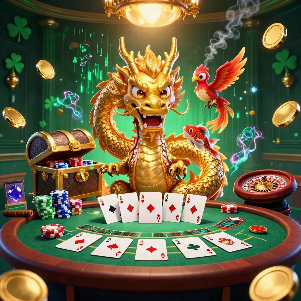 Golden dragon and phoenix amid casino treasures, chips, cards, neon light in a dark luxe room