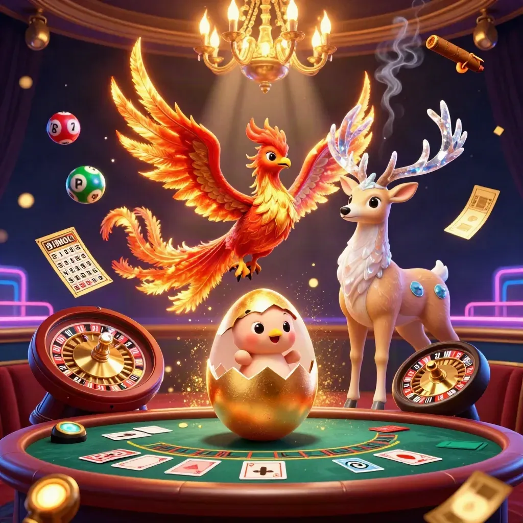 Phoenix, baby phoenix, and crystal stag in a neon casino storm of gold light and game elements