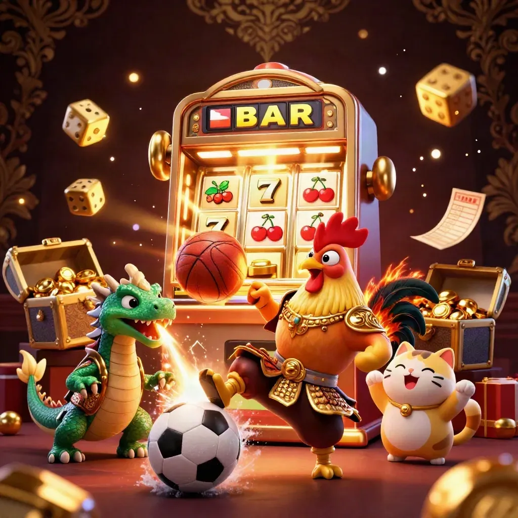 Rooster warrior, dragon hatchling and fortune cat amid exploding casino loot and sports balls