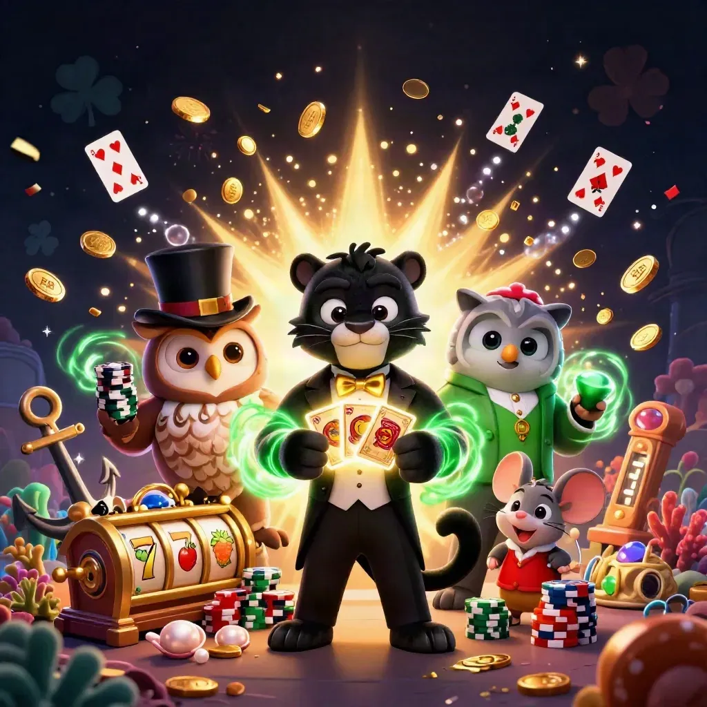Panther, owl and mouse raid a glowing treasure cove with coins, coral and cards