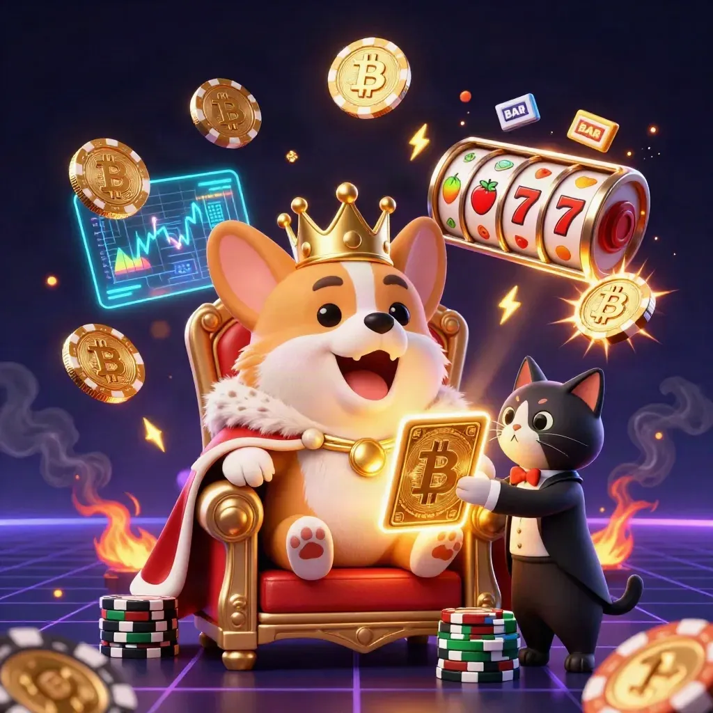Royal corgi and cat butler amid crypto coins, neon casino chaos, and emerald light.