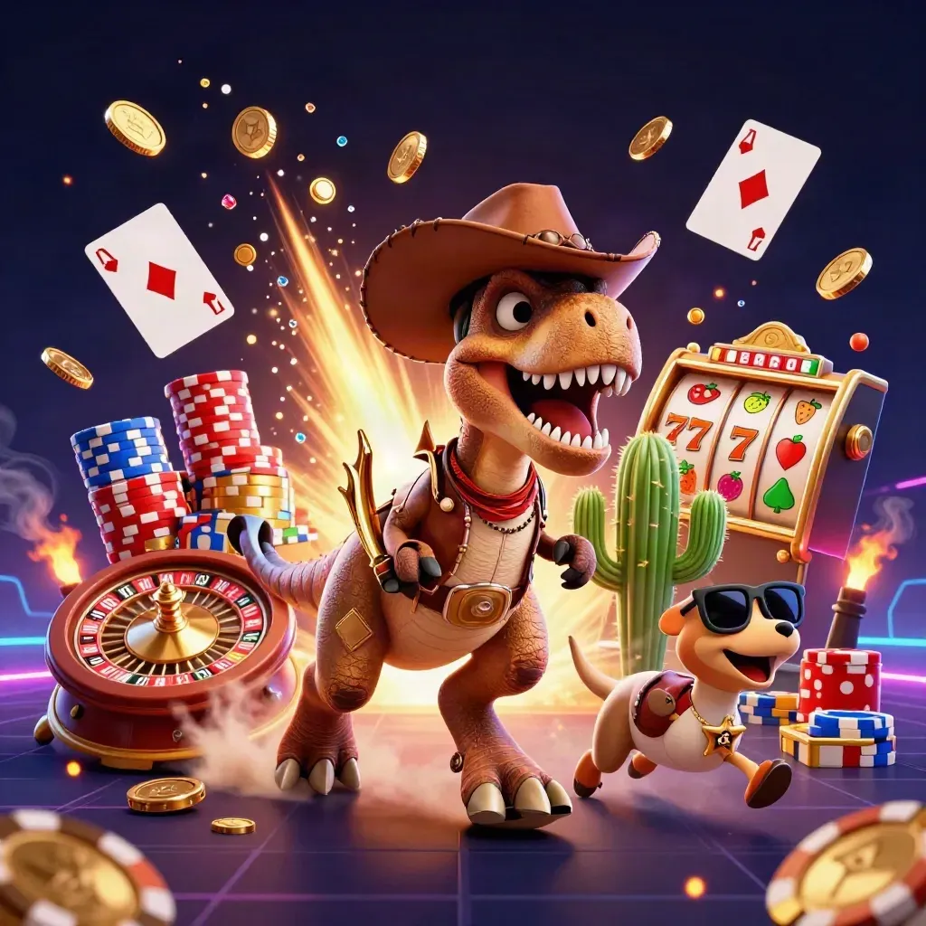 Cowboy T-Rex trio explodes with casino treasures, roulette, chips, neon ember glow.