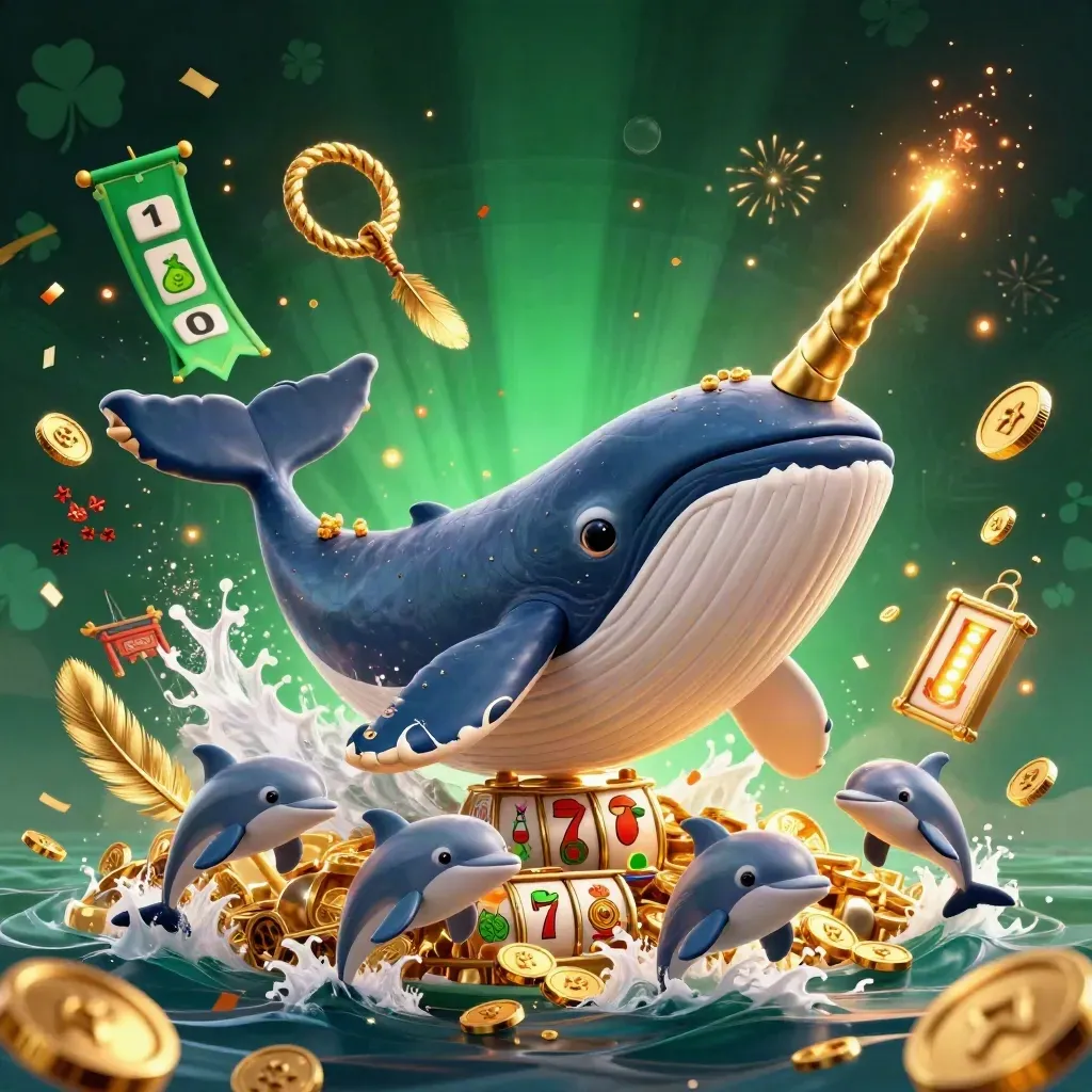 Whale captain, narwhal and dolphins burst through coins in a luxe emerald casino fantasy.