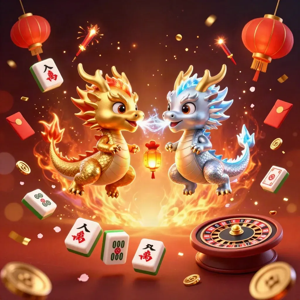 Gold and silver dragons spiral in fiery casino fireworks with coins, lanterns and cards.