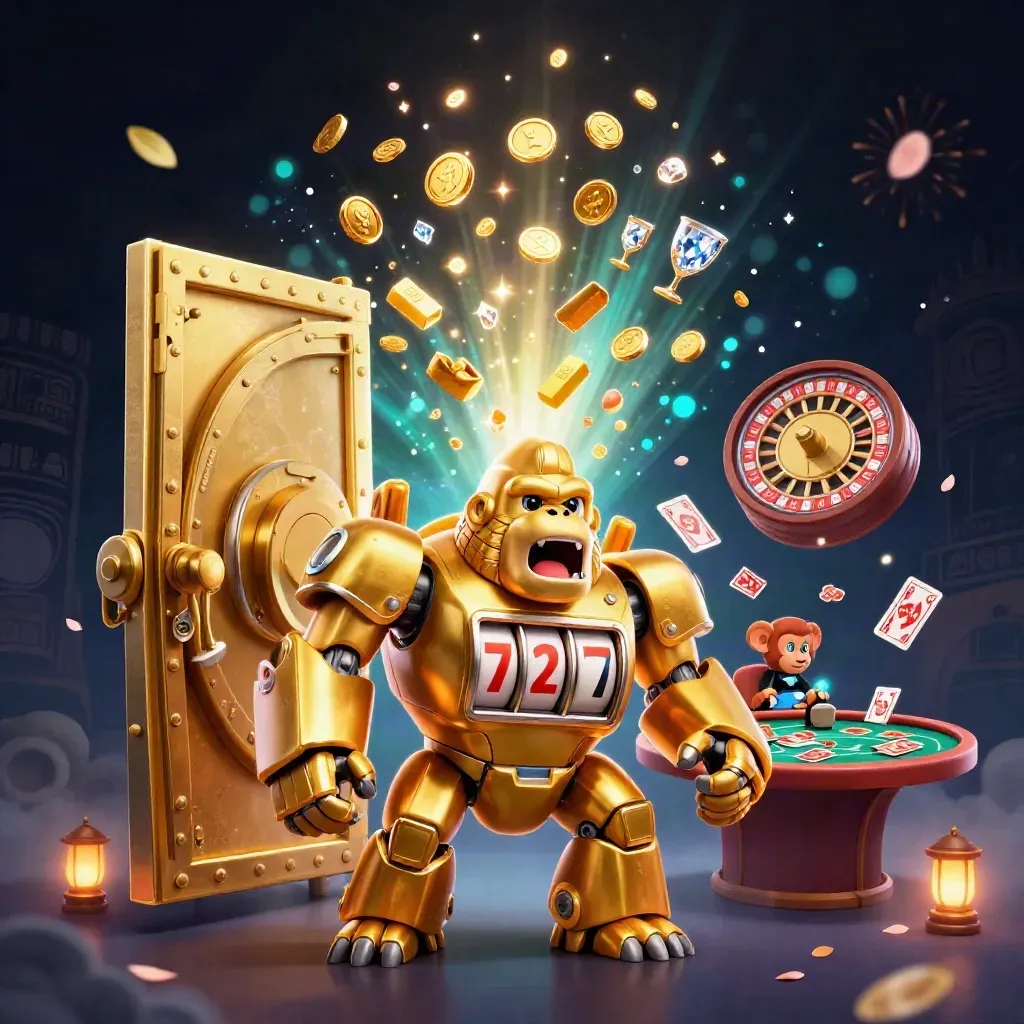Golden gorilla slot-mech bursts from a vault amid coins, gems, fireworks, and casino tables.