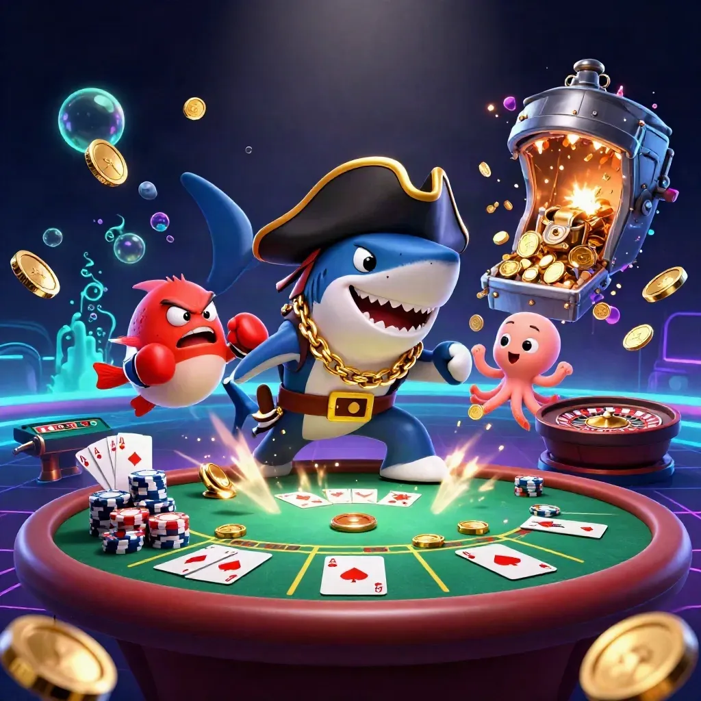 Pirate shark, boxing pufferfish, and coin-juggling octopus in a neon casino vault burst.