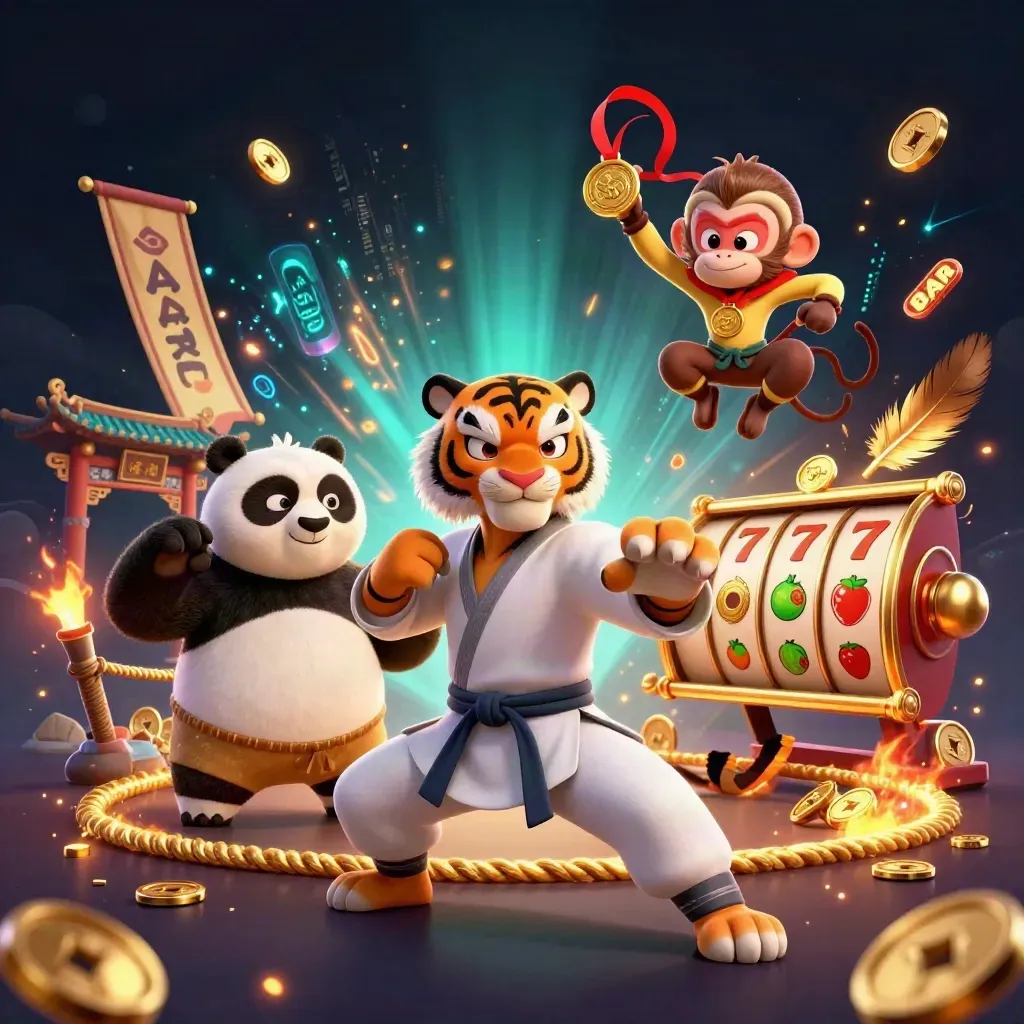 Tiger, panda, and monkey casino heroes amid gold coins, neon energy, and a temple gate