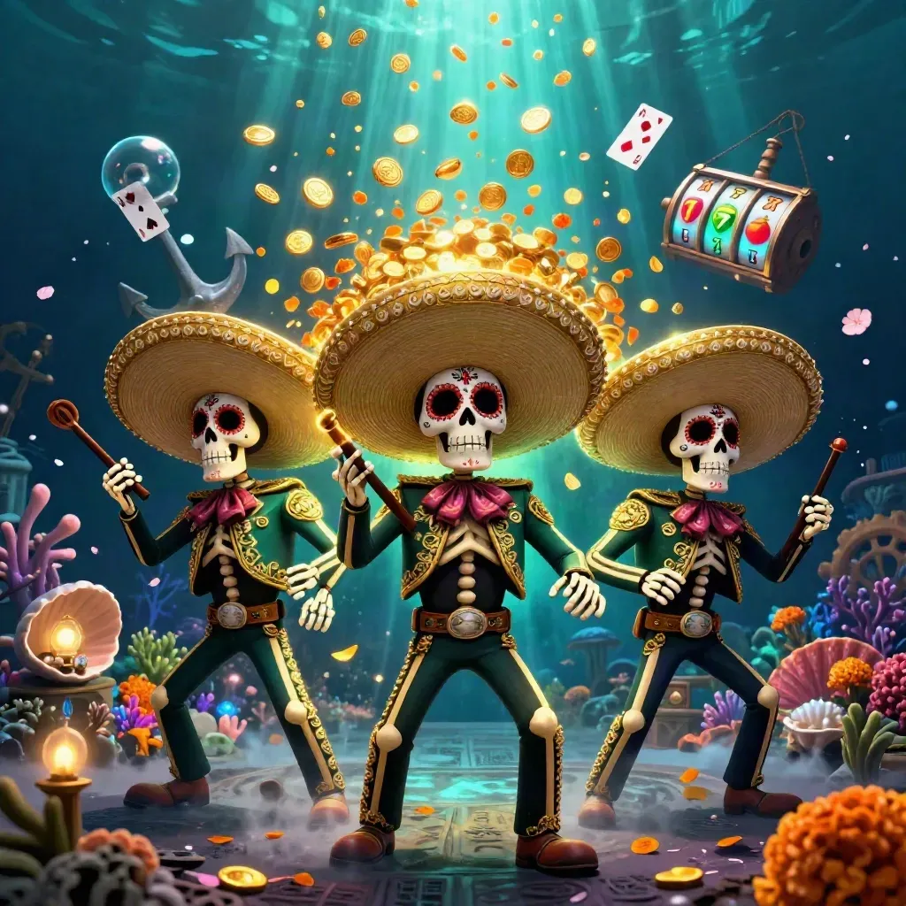 Skeleton mariachi trio in a glowing underwater treasure cove with slot reels and gold coins.