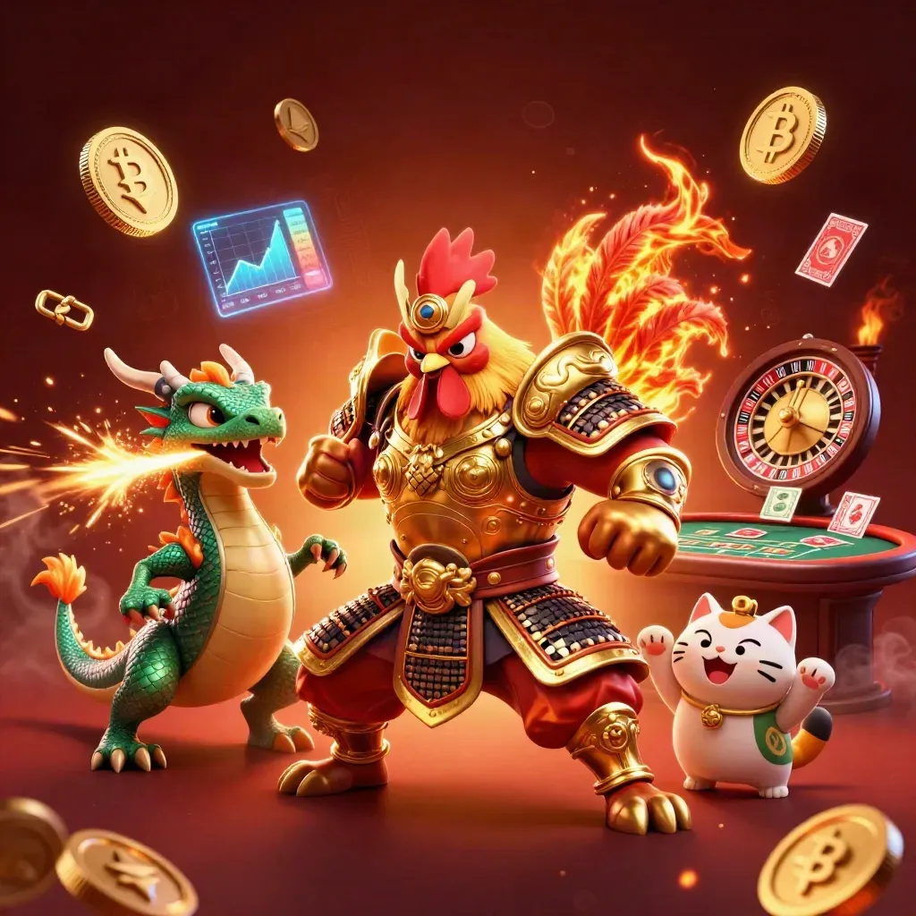 Rooster warrior, dragon hatchling, and fortune cat amid casino sparks and glowing game icons.