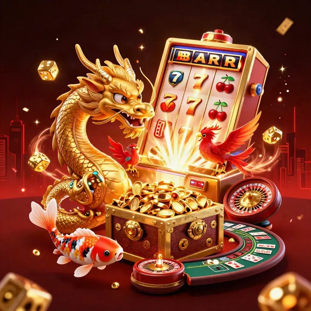 Golden dragon with phoenix, koi, jackpot slot machine and casino symbols in a luxe red-gold glow.