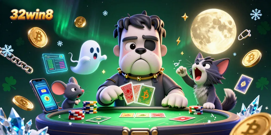 Experience thrilling 32win8 gaming with a whimsical cartoon scene featuring a bulldog dealer and enchanting crypto elements.