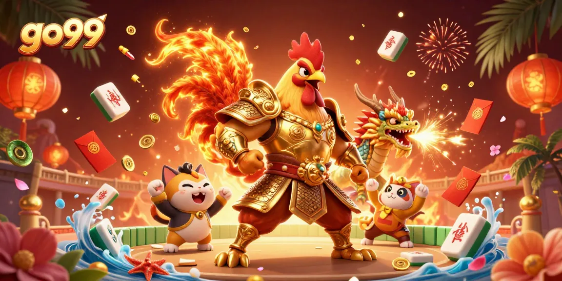 Engage in go99 cockfighting action with a warrior rooster, armored dragon, and lively game elements.