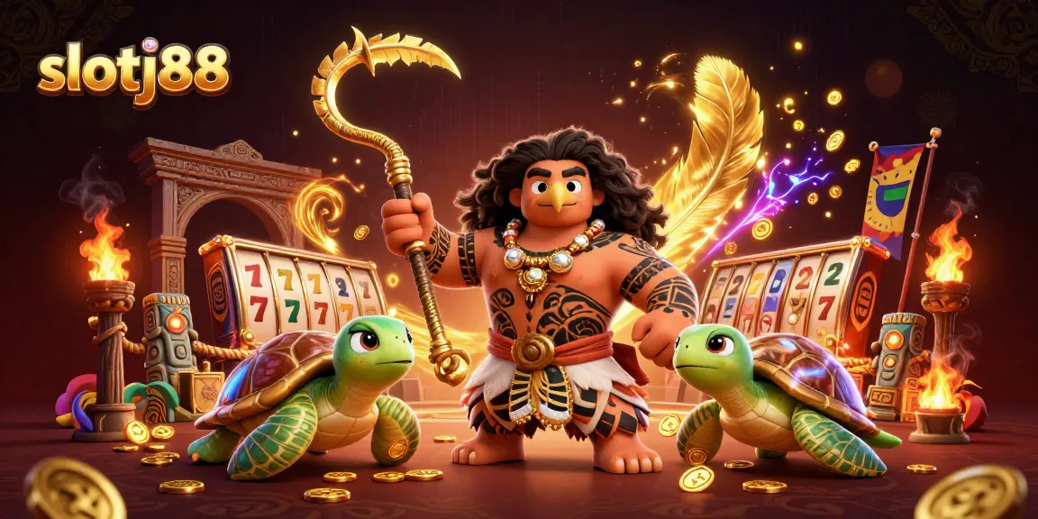 Experience thrilling gameplay at slotj88 with a vibrant illustration featuring a demigod and turtle sidekick.