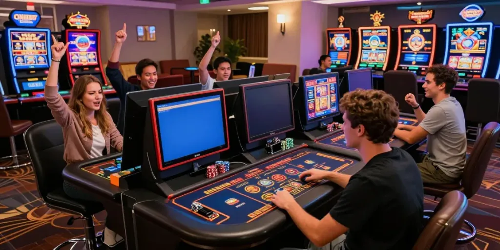 Diverse players enjoying Gtspins casino games with colorful screens and lively atmosphere.
