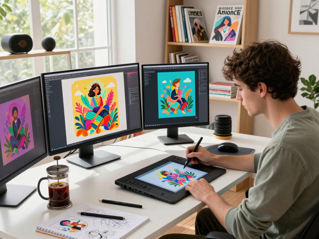 Creative artist designing NSFW AI illustrations in a modern digital studio.