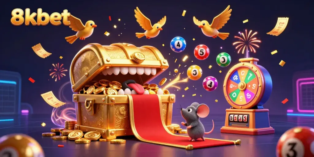 Experience rich winnings with 8xbet as vibrant lottery elements and golden tickets surround captivating characters.