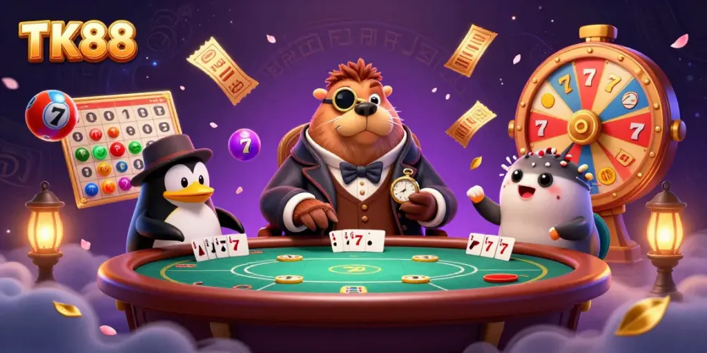 Experience TK88's unique underwater poker battle featuring a walrus, penguin dealer, and pufferfish amidst casino excitement.