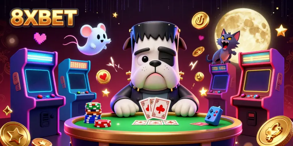 Experience thrilling gameplay at 8XBET with a spooky casino scene celebrating card deals and golden jackpots.