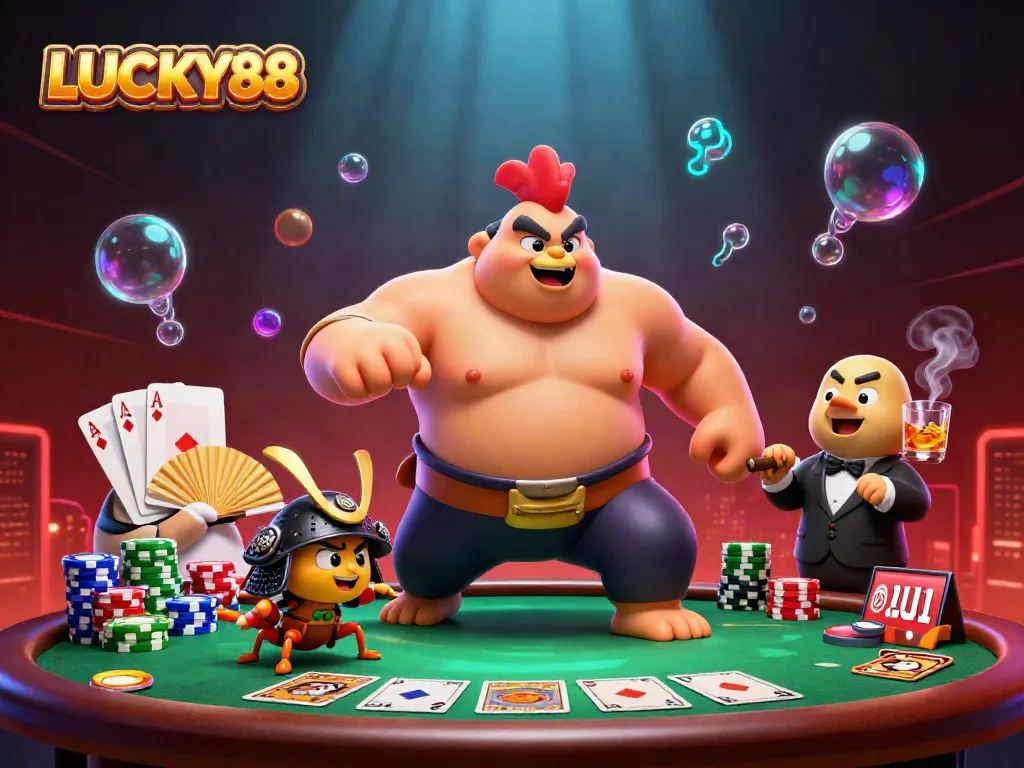 LUCKY88 features a dynamic trio of characters engaging in a thrilling poker scene with vibrant casino elements.