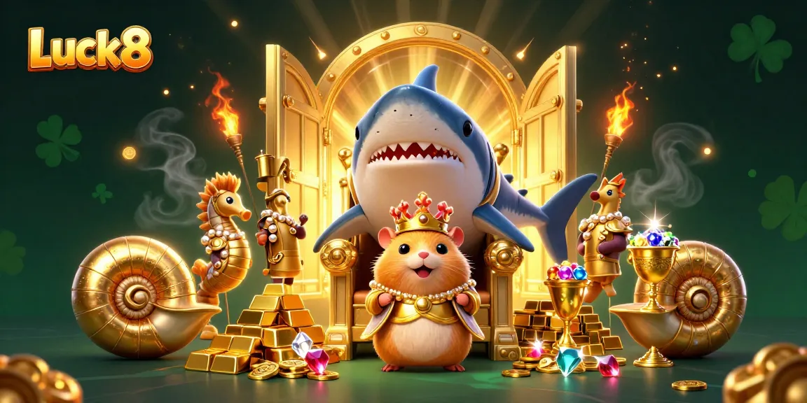 Experience Luck8 casino thrills with a golden hamster king atop a megalodon throne amidst treasure and excitement.