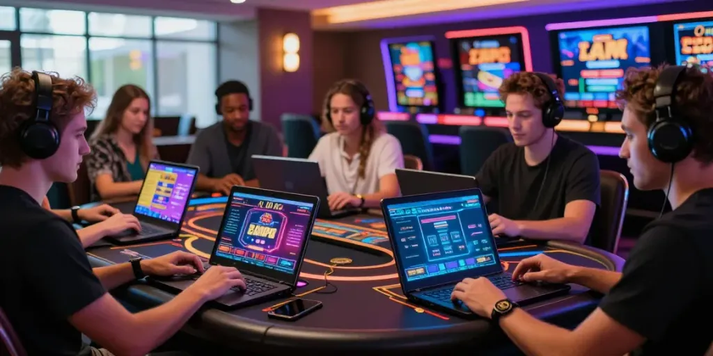 Exciting vin88 online casino scene with gamers engaged on stylish devices.