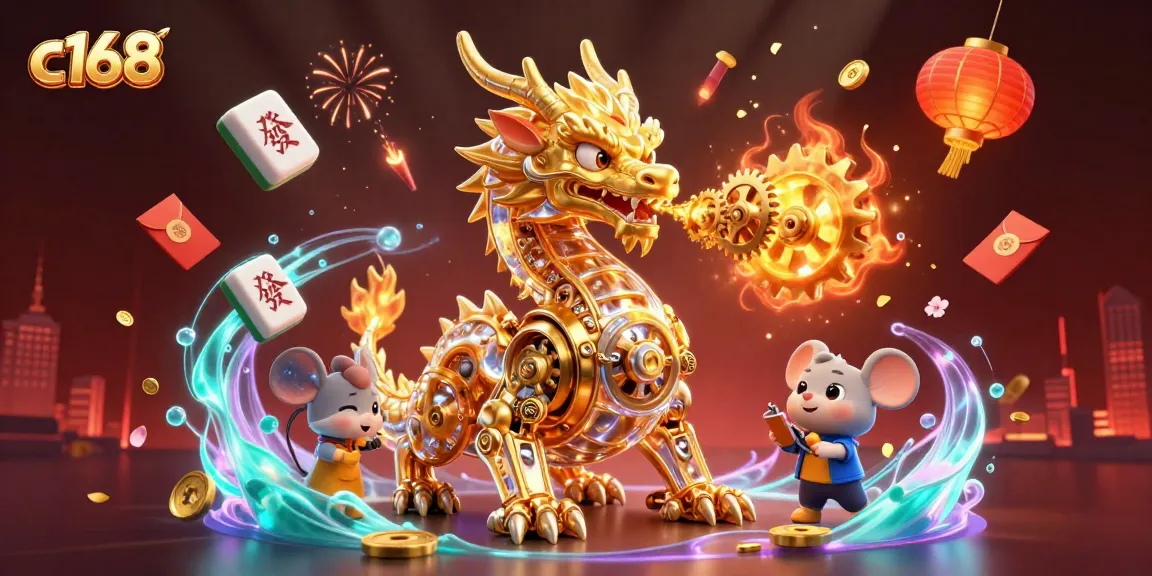 Witness the excitement at c168 with a golden dragon and casino games in a dynamic 3D scene.