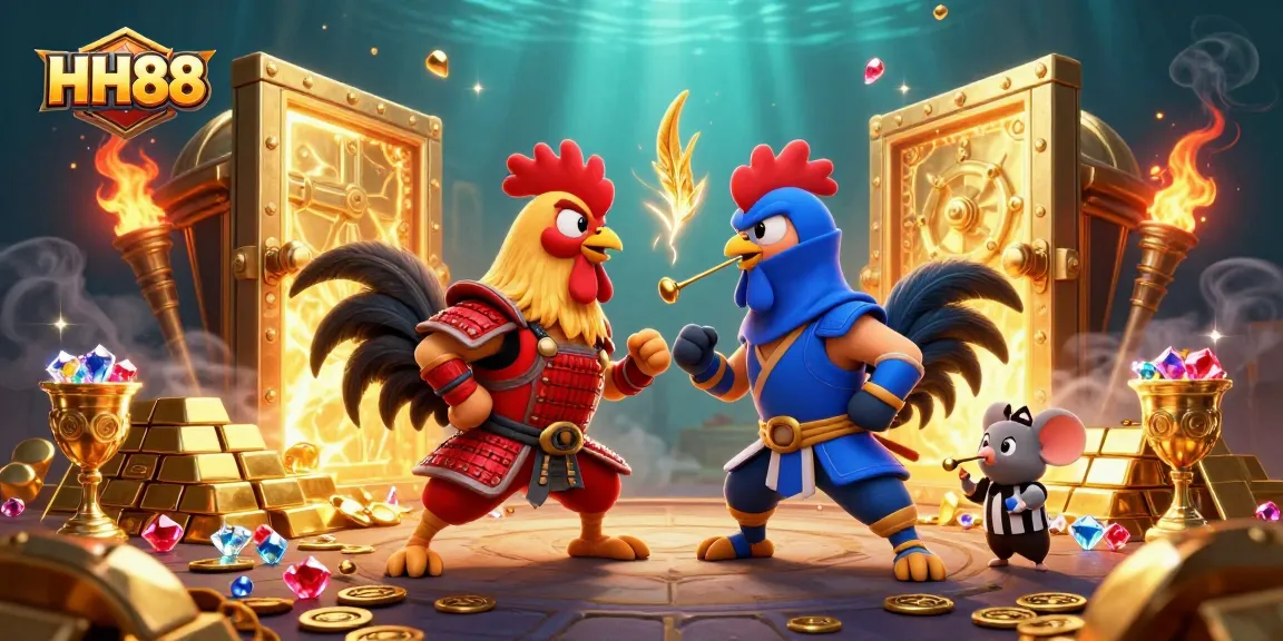 Witness an electrifying HH88 showdown with roosters, treasure, and gaming excitement!