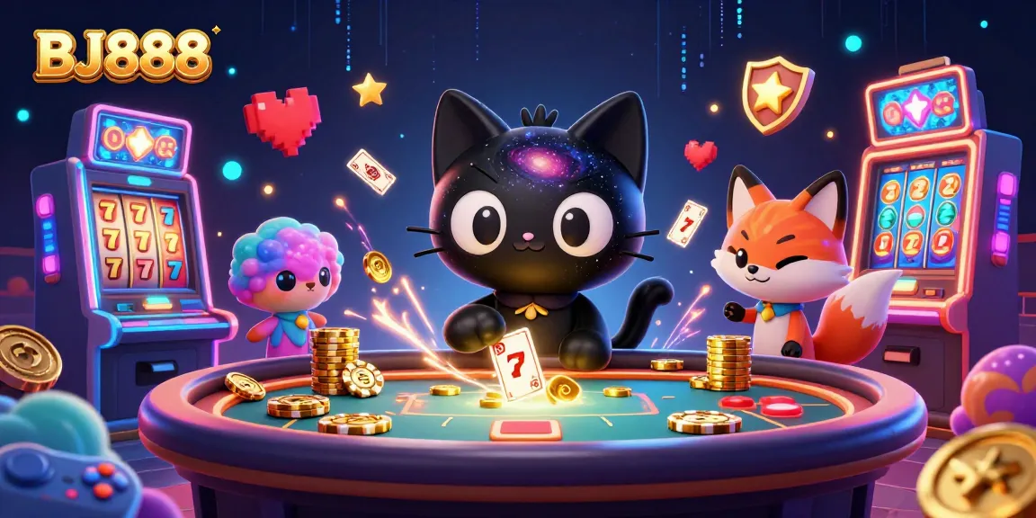 Experience BJ888's vibrant casino adventure with a 3D cartoon black hole cat and colorful slot machines.